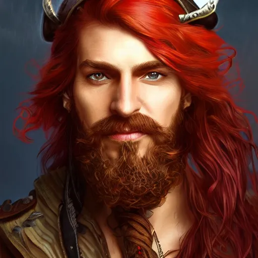 Image similar to rugged playful pirate, 3 0 years old, male, handsome, masculine, red hair, long hair, soft hair, fantasy, intricate, elegant, highly detailed, steampunk, airship, digital painting, artstation, concept art, character art, smooth, sharp focus, illustration, art by artgerm and greg rutkowski and alphonse mucha