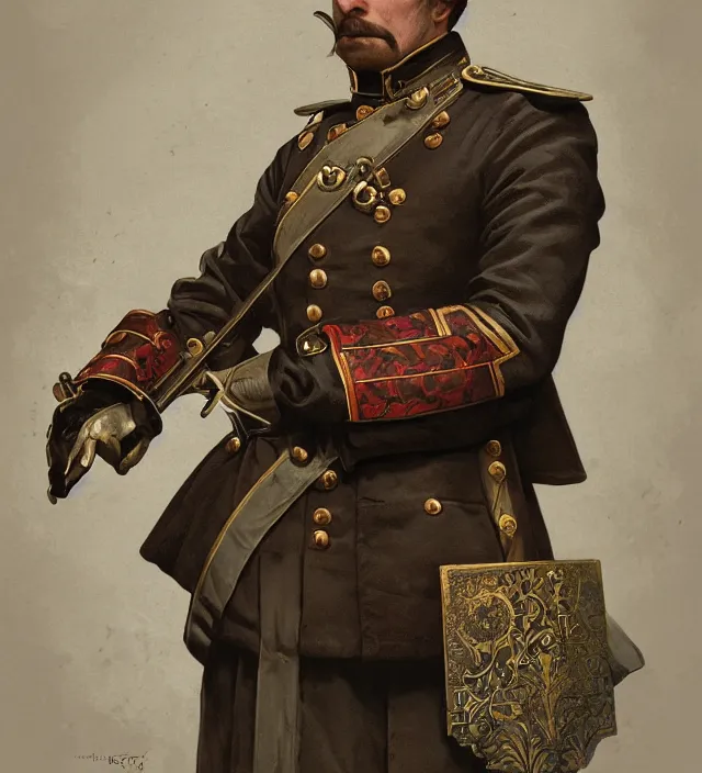 Image similar to portrait of an hungarian man wearing a traditional nineteenth century austro - hungarian empire military uniform, metal shoulder pauldrons, intricate, highly detailed, digital painting, artstation, concept art, sharp focus, cinematic lighting, illustration, art by artgerm and greg rutkowski, alphonse mucha, cgsociety