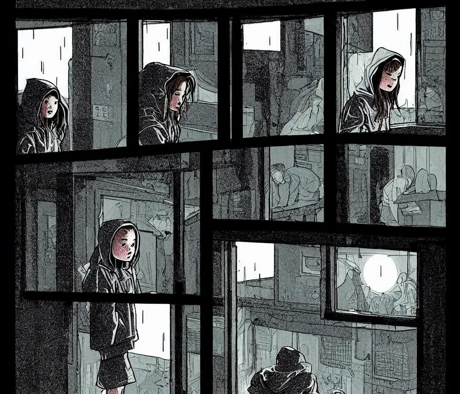 Prompt: outdoors : sadie sink in hoodie sits on windowsill, knees tucked in | rain falls at night : storyboard panel, scifi cyberpunk. by gabriel hardman, joe alves, chris bonura. cinematic atmosphere, detailed and intricate, perfect anatomy