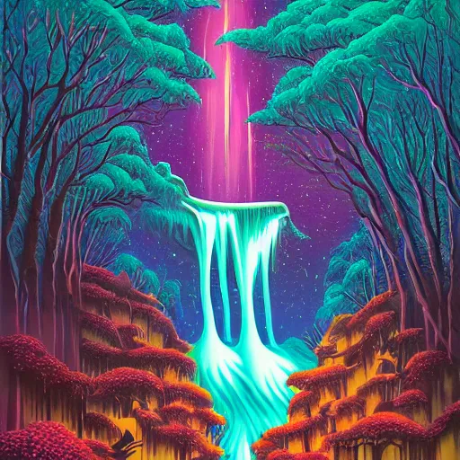 Prompt: ngc 3132 falling waterfall mysterious bone yard landscape by Casey Weldon, edge of the world, composite, colorful, high quality, featured art print, trending on behance