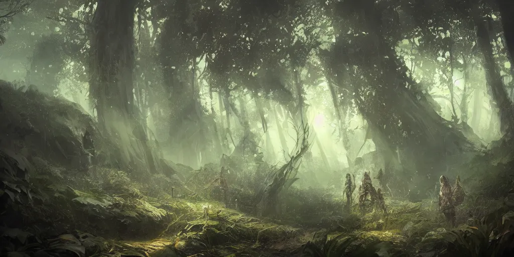 Image similar to forest people hunting in futuristic spiritual mystical post apocalyptic forest from snail on the slope, dim painterly volumetric aquatic lighting, beautiful, crisp, artstation, highly detailed