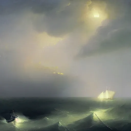 Prompt: a lonely ship drifting amongst the thunder clouds , fog and heavy storm concept art in style of Ivan Aivazovsky