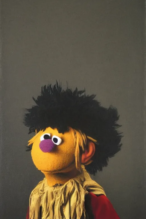 Image similar to a muppet painted by Caravaggio, black background, chiaroscuro