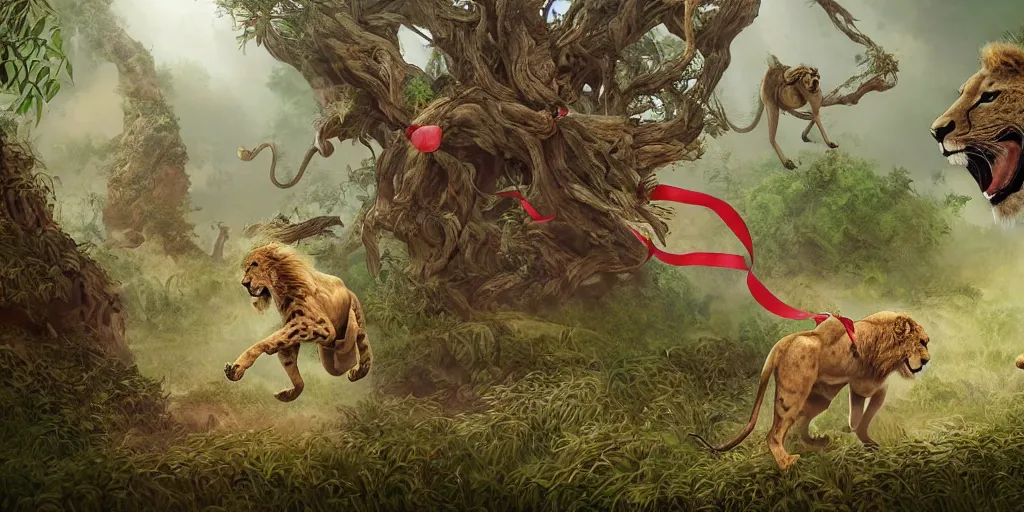 Image similar to lion and cheetah run through the ancient forest with a birthday ribbons and balloons , concept art, huge scale, high details by Evgeniy Antonenkov