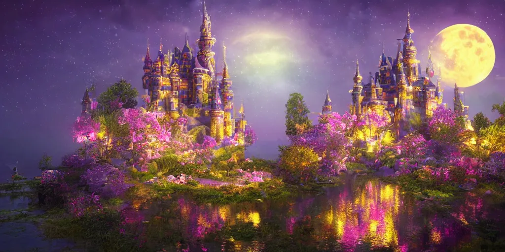 Image similar to a single glittering fairy castle at night, a full moon, water and colourful flowers, extremely detailed oil painting, unreal 5 render, fantasy digital art, octane render, beautiful composition, trending on artstation, award-winning photograph, masterpiece