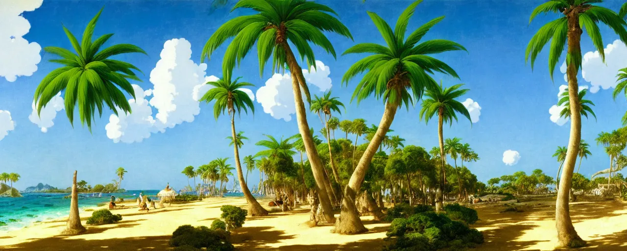 Image similar to ghibli illustrated background of a strikingly beautiful blue sky with puffy white clouds over a tropical beach with palm trees by eugene von guerard, ivan shishkin, john singer sargent, 4 k