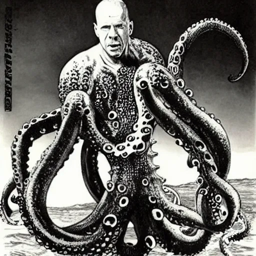 Image similar to old black and white photo, 1 9 1 3, depicting bruce willis in combat armor fighting giant octopus, historical record, tentacles around