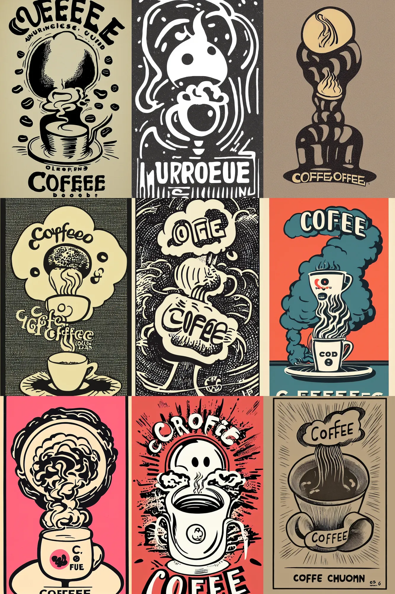 Prompt: coffee logo, featuring a mushroom cloud coming out of a cup, the cloud looks like brains, by mcbess, full colour print, vintage colours, 1960s