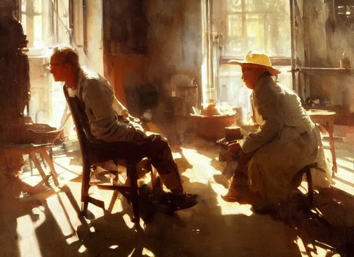 Prompt: oil painting of copper still in factory setting, art by anders zorn, wonderful masterpiece by greg rutkowski, beautiful cinematic light, american romanticism by greg manchess, reflections in copper, sunlight, dust and steam