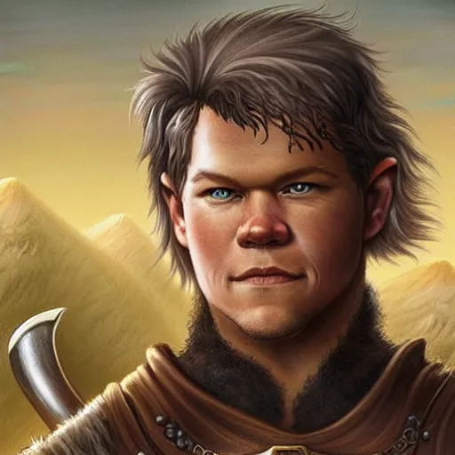 Prompt: dnd character.. human druid. matt damon. mullet. chinstrap patchy beard. plains and horses in the background. brown. beige. holding spear. leather armor. concept portrait. hd. dynamic lighting, fantasy, artwork by artgerm, greg rutknowski