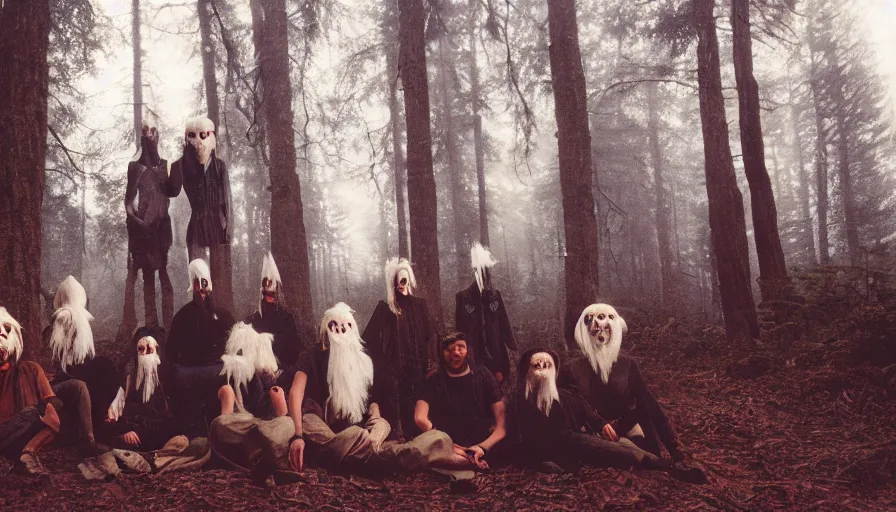 Prompt: high realistic photo portrait of esoteric tribes members with taxidermic flesh elongated mask in a foggy forest, cinestill 800t 35mm, heavy grain, high quality,