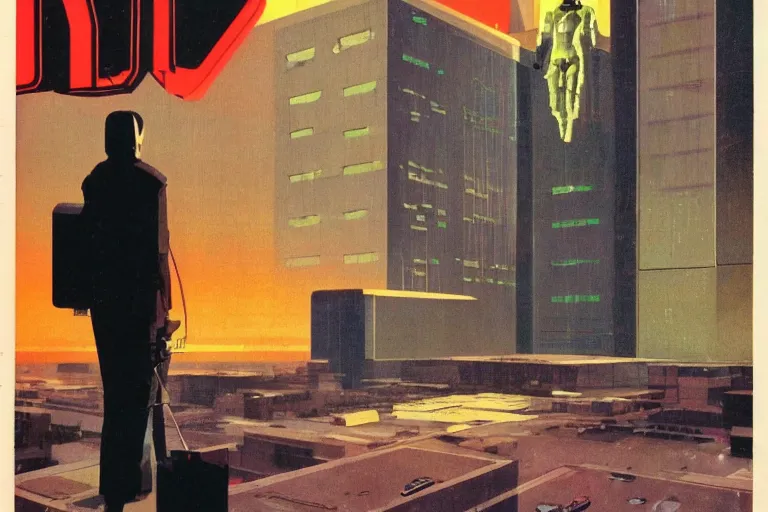 Image similar to 1979 OMNI Magazine Cover depicting a creepy cyber man standing in a large corner office. Cyberpunk Akira style by Vincent Di Fate