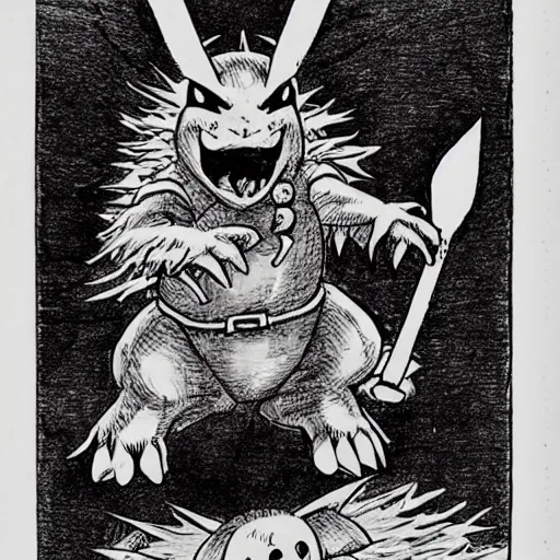 Image similar to pikachu as a D&D monster, full body, pen-and-ink illustration, etching, by Russ Nicholson, DAvid A Trampier, larry elmore, 1981, HQ scan, intricate details, Monster Manula, Fiend Folio