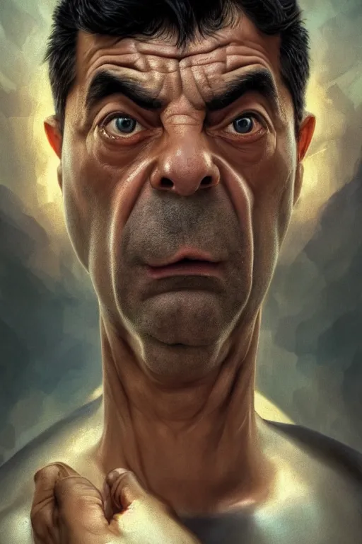 Image similar to upper body portrait of a hulking herculean chiseled mr bean rowan atkinson, cinematic lighting, photorealistic, octane render, 8 k, depth of field, 3 d, art by artgerm and greg rutkowski and alphonse mucha and uang guangjian and gil elvgren and sachin ten