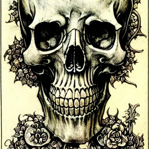 Prompt: memento mori by arthur rackham, detailed, art nouveau, gothic, ornately ornamented beautiful skull, intricately carved antique bone, skulls, botanicals, horizontal symmetry