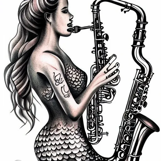 Prompt: american traditional tattoo art of a mermaid playing the saxophone, line art, sheet paper