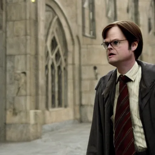 Image similar to dwight schrute playing dumbledore in a harry potter movie