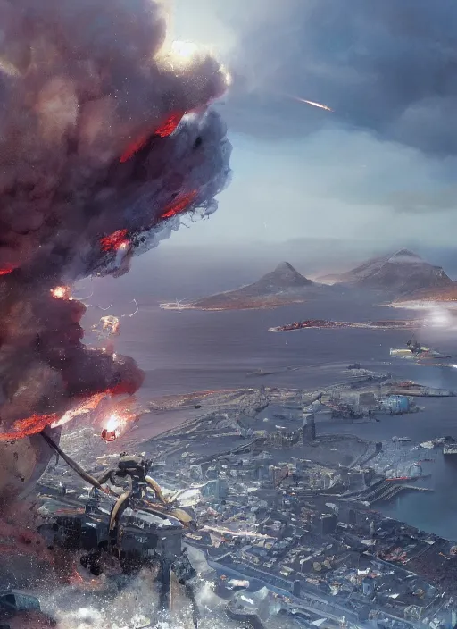 Image similar to hyper realistic squid robot attacking cape town city, table mountain explosions, atmospheric beautiful details, strong composition drawn in ink by kim jung giu weta studio rutkowski, james gurney and greg rutkowski, and lucasfilm