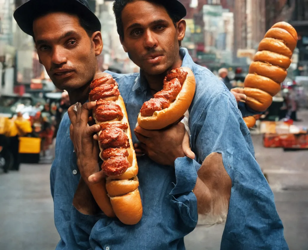 Image similar to closeup portrait of a man carrying a giant hotdog, smoky new york back street, by Annie Leibovitz and Steve McCurry, natural light, detailed face, CANON Eos C300, ƒ1.8, 35mm, 8K, medium-format print