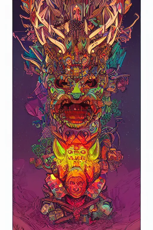 Image similar to totem animal tribal chaman vodoo mask feather gemstone plant wood rock video game illustration vivid color borderlands by josan gonzales and dan mumford radiating a glowing aura