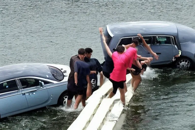 Image similar to Group of teenagers push Rolls-Royce into lake with their hands from a small slide wanting to drown him