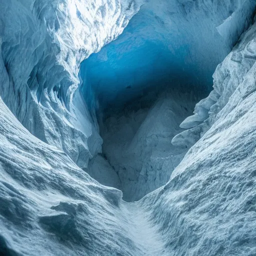 Prompt: deep dark glacier cave, faint blue glow,
