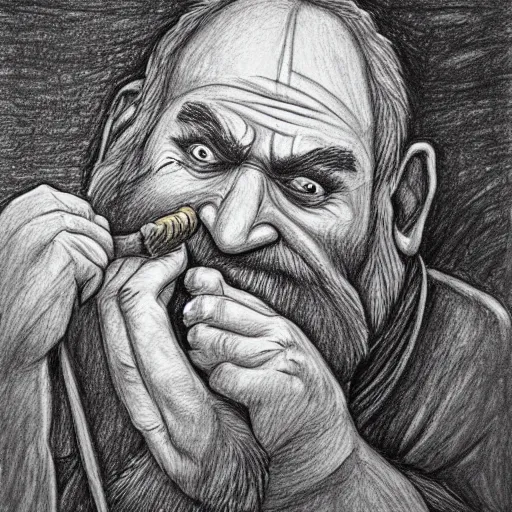 Image similar to dwarves miner digging through his nose looking for gold pencil drawing