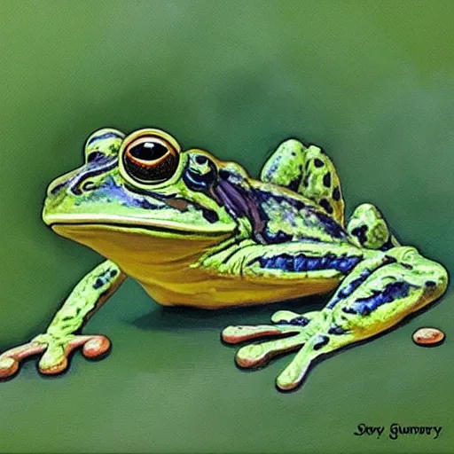 Prompt: 🐸💤☕ by james gurney