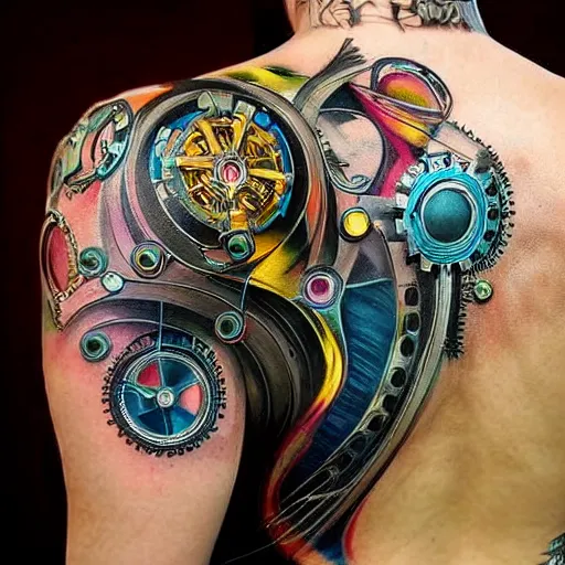 Image similar to shoulder and back tattoo of a 3 d hole in the skin with a shiny multicolored metallic robotic mechanics and gears and tubes inside under the skin, insanely integrate,