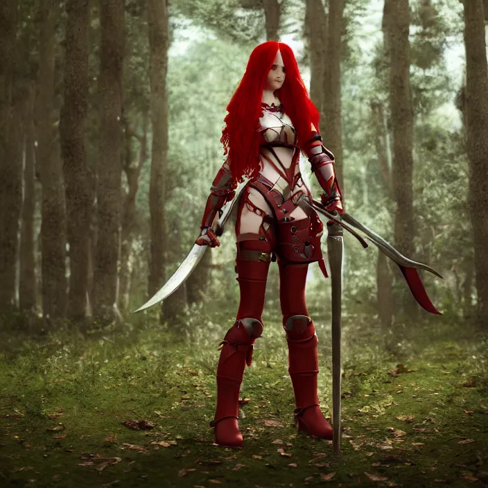 Image similar to a girl with long red hair wearing a red plate armor and holding a big red sword in a forest, 3d render, octane render, unreal engine 5, 8k hdr, hyperrealistic, highly detailed, high quality, concept art, trending on Artstation, full-body armor