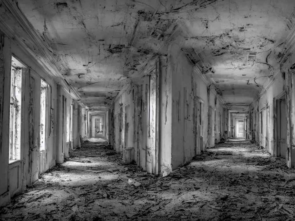 Image similar to a haunted asylum with long hallways, abandoned