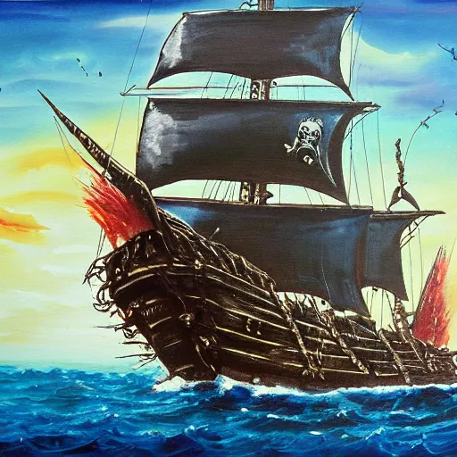 Image similar to pirates of the caribbean, the black pearl, sailing on a beautiful ocean, painting by greg rutowski