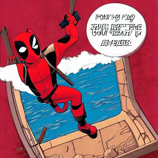 Image similar to deadpool sticking his head out of empty drained lake mead, with the words lake mead written across the top, in comic book style