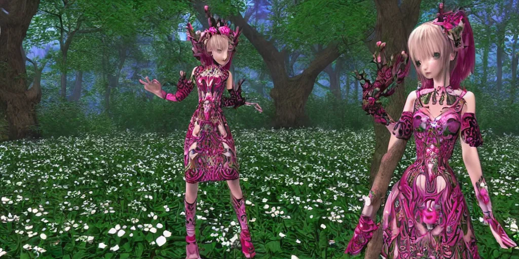 Image similar to cute female forest spirit wearing ornate floral cybernetic hungarian valentino resort dress in a 3 d psx ps 2 jrpg style, esoteric magical alien meadow ritual environment, fashion gameplay screenshot, highly detailed, atelier, xenogears