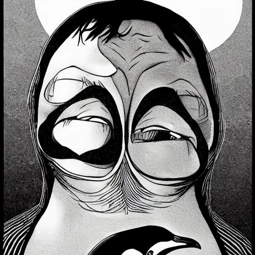 Prompt: oppressive penguin artistic illustration, concept art by junji ito