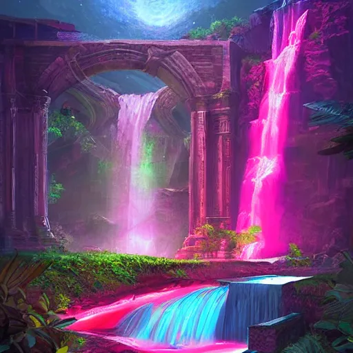 Prompt: neon ancient ruins with waterfalls,digital art,retrowave art,trending on art station