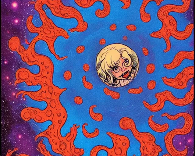 Prompt: the cast of izombie floating in a spiral galaxy, cosmic horror painting, elegant intricate digital painting artstation concept art by basil wolverton by robert crumb by william eggleston detailed