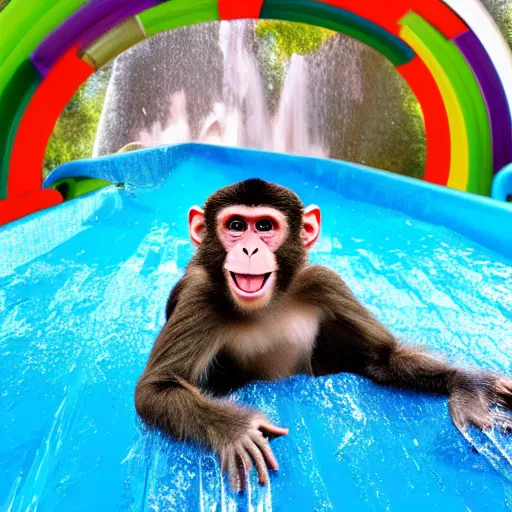 Image similar to photo of a happy monkey sliding down a waterslide, 4 k, full hd, reallistic, highly detailed