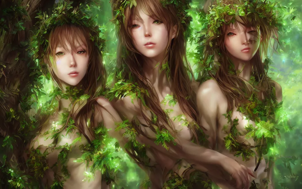 Image similar to A realistic anime portrait of a beautiful dryad twins with glowing green eyes and tree bark skin wearing clothes made of leaves, digital painting, by Stanley Artgerm Lau, Sakimichan, WLOP and Rossdraws, digtial painting, trending on ArtStation, SFW version