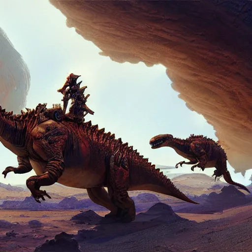 Image similar to hard metal rockers riding dinosaurs in the space desert, boris vallejo style, steampunk, hyper detailed, digital art, cinematic lighting, concept art by artgerm and greg rutkowski and caravaggio and moebius and jakub rebelka, 8 k