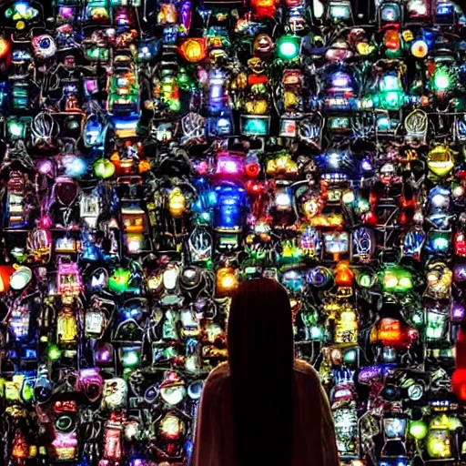 Image similar to love, diverse wall of cybersuits, from behind, many rituals, wide wide angle, vivid, elaborate, highly detailed, beautiful lighting