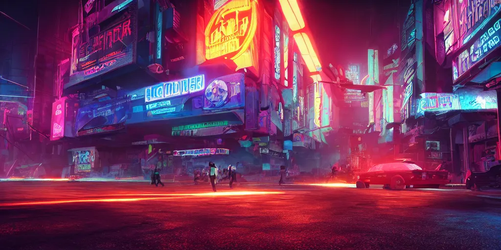 Image similar to a 3 d rendered in unreal engine guatemalan cyberpunk city with neon ads and signs with evocative dramatic mood with blade runner vibe with cars with motion blur with depth of field with bloom with lightshaft with volumetric lights, fog, by scott robertson, oscar winning graphics, photo realistic, bloom, imax, dynamic lighting, artstation,