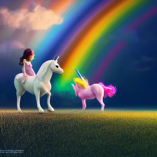 Prompt: a fairy riding a unicorn, on the top of a rainbow, pastel tones, sparkles, glitter, octane render, 8k, flat brush, matte painting, trending on artstation