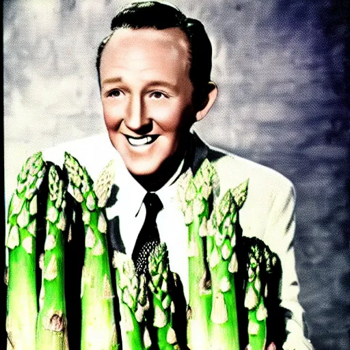 Image similar to vintage art of Bing Crosby in a field of giant asparagus