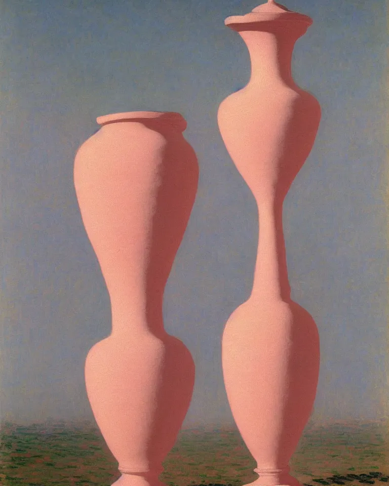 Image similar to achingly beautiful print of intricately painted ancient greek amphora on a pink pastel background by rene magritte, monet, and turner.