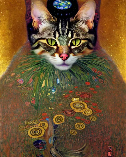 Image similar to wild forest cat portrait an oil painting splashes with many colors and shapes by gustav klimt greg rutkowski and alphonse mucha, polycount, generative art, psychedelic, fractalism, glitch art