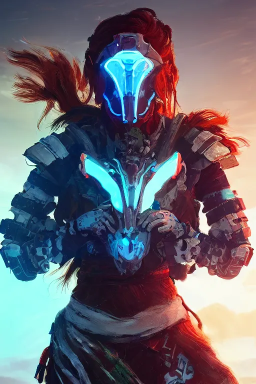 Image similar to combination suit armor aloy horizon forbidden west horizon zero dawn radiating a glowing aura global illumination ray tracing hdr fanart arstation by ian pesty and alena aenami artworks in 4 k tribal robot ninja mask helmet backpack