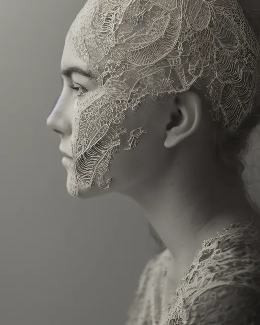 Prompt: a 2 0 year old woman's face in profile, made of intricate decorative lace leaf skeleton, in the style of the dutch masters and gregory crewdson, dark and moody, depth of field