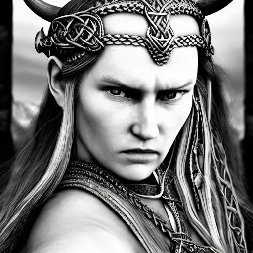 Image similar to Ultrawide realistic photo of a majestic viking woman, unbothered, mind-blowing details, hyperrealism, highly detailed face, ethereal, sadness, luxury, ominous, highly detailed, viking attire, cinematic, 16k, 1080s, smooth, sharp focus, by Stanley Artgermm, WLOP, trending on DeviantArt, trending on ArtStation, digital art, Smooth gradients, depth of field, shot on Canon Camera