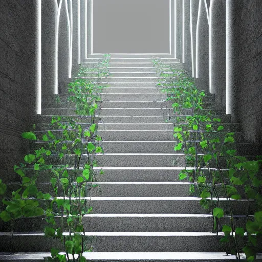 Prompt: a set of stairs with vines growing up them, walls of stone bricks, volumetric bluish light, a raytraced image by Tadao Ando, flickr contest winner, environmental art, streetscape, vray, national geographic photo